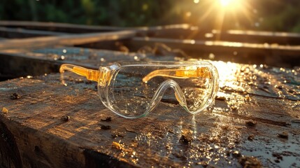 Poster - Golden hour light hitting clear safety goggles on rugged bench surface