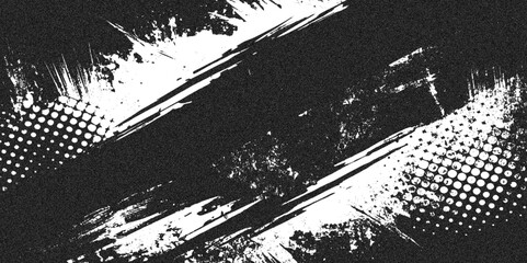 Aufkleber -  black and white abstract grunge background featuring halftone patterns and brush stroke textures.