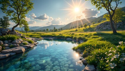 Wall Mural - Serene Landscape with Sunlight Reflection on Calm Water Body