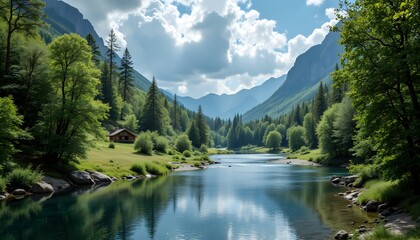 Wall Mural - Serene Mountain Landscape with Lush Forest and Calm River Scene