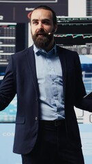 Poster - Vertical Video Entrepreneur global CEO speaking at a professional convention, doing a business pitch on stage. With a powerful voice presenting infographics, shares vision for success and leadership