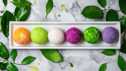Poster - Colorful mochi spheres placed neatly on a white plate, complemented by natural leaf decorations