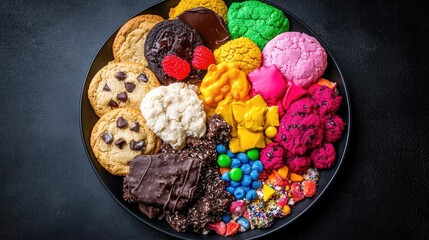 Poster - Colorful cookie mix on plate with chocolate, vanilla, and fruity options, arranged aesthetically
