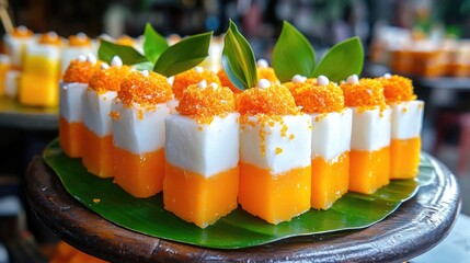 Poster - Close-up of traditional Thai sweets in vivid orange and white hues, adorned with leaves for a natural, elegant touch