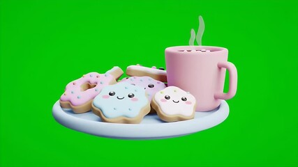 Cartoon Cookies on Plate and Pink Mug with Green Screen Isolated Background in 3D Render