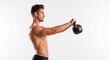 © Steffani - Man lifting kettlebell with outstretched arms in front of a white background