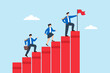© VZ_Art - Flat illustration of business leader planting flag on top of red progress bars while team climbs steps of startup achievement