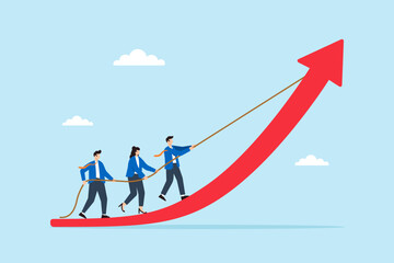 Poster - Flat illustration of business leader pulling rope on rising arrow graph with team climbing innovation curve toward business growth