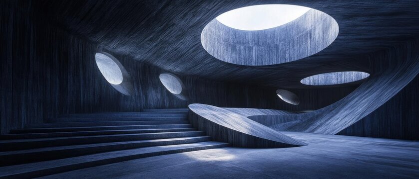 Explore Abstract Concrete Interior Design with Openings and Stairway Theme
