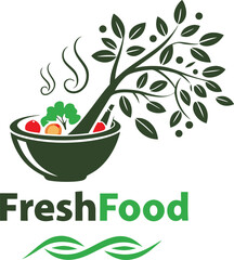 Poster - Fresh food logo design with tree branch and bowl of vegetables