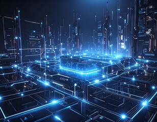 Aufkleber - Abstract Digital Cityscape Glowing Lines and Interconnected Grid