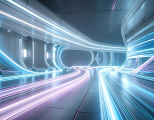 Fototapete - Abstract Futuristic Tunnel Dynamic Light Trails and Glowing Pathways