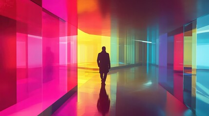 Poster - A solitary figure walks through vibrant spectrum, an artistic architectural experience
