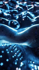Poster - Abstract blue light waves with tiny luminous particles, conceptual technology visualization