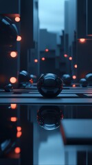 Poster - Abstract cityscape reflected with glowing spheres in a modern futuristic design
