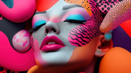 Poster - Abstract composition featuring a woman's face with bright colors and modern digital effects