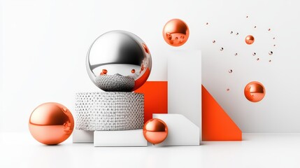 Poster - Abstract composition featuring chrome and copper spheres on geometric shapes