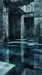 Poster - Abstract concrete structure reflecting in water, creating a mysterious atmosphere