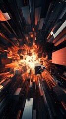 Poster - Abstract futuristic cityscape with vibrant orange light and dark geometric shapes