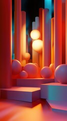 Poster - Abstract geometric composition with glowing spheres and cylindrical pillars