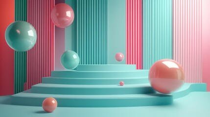 Poster - Abstract serene color palette geometric arrangement with spheres and staircase