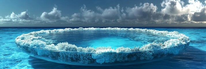 Wall Mural - circular lagoon of turquoise water surrounded by white coral reef in a calm ocean under a cloudy sky