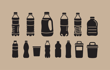 Poster - Collection of Black Silhouette Plastic Bottles and Containers on a Light Brown Background Representing Recycling This