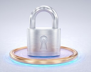 Poster - Metallic Silver Padlock on Glowing Platform, Digital Security Concept