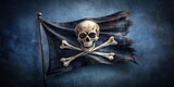 A pirate flag with a skull and crossbones emblem on a dark blue background, ocean, danger,  ocean, danger,Skull and crossbones