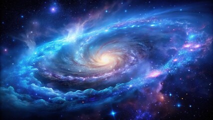 Wall Mural - A serene blue galaxy with swirling purple clouds and shimmering stars against a dark inky black background , deep space, celestial bodies