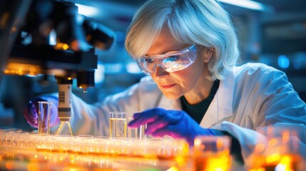 Poster - A focused biochemist in a clinical laboratory setting conducting research and analysis by carefully examining samples in petri dishes and test tubes under the glow of scientific equipment
