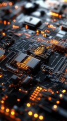 Poster - Complex Electronic Circuit Board with Glowing Components and Deep Depth of Field