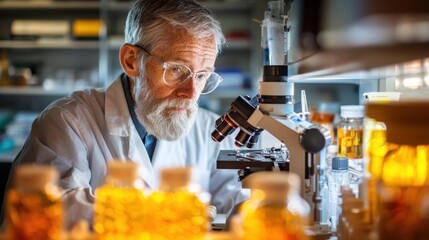 Poster - A focused and experienced laboratory scientist closely examining samples through a powerful microscope surrounded by various scientific equipment and glassware in a professional research environment