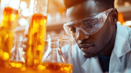 Poster - A focused and dedicated laboratory technician handling various types of lab glassware such as beakers and flasks as part of their scientific research and experimentation process