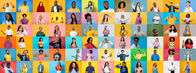 Poster - A collection of portraits features a diverse range of individuals showcasing various emotions against bright, colorful backgrounds.