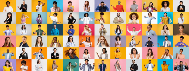 Poster - A vibrant collection of portraits presents individuals from diverse backgrounds. Each person displays unique expressions and gestures, highlighting the beauty of unity in diversity.