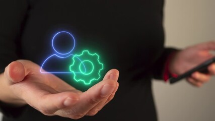 Poster - Woman's hand holding a virtual person avatar icon with gear