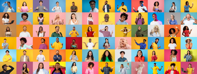 Poster - A lively collection of diverse individuals showcasing their unique personalities against bright backgrounds. Each portrait captures joy and inclusivity through varied expressions and styles.