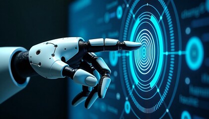 a humanoid robot interacting with digital interface.