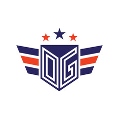 Poster - The image shows a military emblem logo design of initials OG or DG on a shield with three stars and two wings. The logo looks clean in blue and orange color combination on white background.