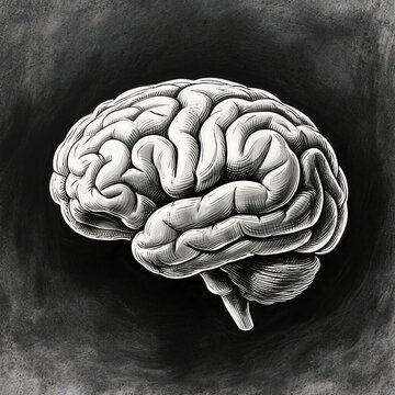 Human brain drawing viewed from above, rendered in black and white pencil sketch with realistic folds and organic structure.