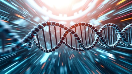 Wall Mural - A stylized depiction of a DNA strand is shown with a dynamic, motion-blurred background, creating a sense of speed and energy. The vibrant tones enhance the futuristic and scientific theme