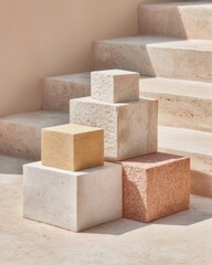 Poster - Minimalist Natural Stone Cubes Display on Textured Steps in Warm Neutral Tones for Modern Interior Design and Sustainable Material Inspiration