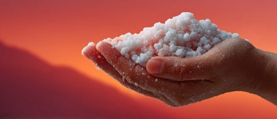 Poster - Close-Up of Hand Holding Freshly Fallen Hailstones with Visible Ice Crystals Against Warm Sky for Weather and Climate Awareness Content
