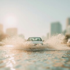 Poster - Urban Flood Driving Scene with Car Splashing Through Deep Water on City Street for Insurance Advertising and Climate Resilience Campaigns