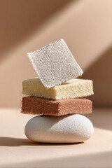 Poster - Minimalist Stack of Soft Fabric Swatches on Stone with Warm Natural Light - Modern Textile Samples for Interior Design and Sustainable Material Inspiration