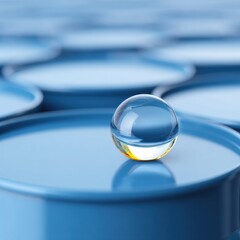 Poster - Industrial Blue Barrels with Transparent Oil Droplet Emphasizing Sustainable Petroleum Storage and Eco-Friendly Chemical Industry Solutions