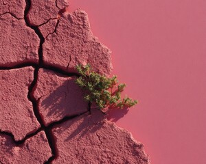 Aufkleber - Cracked dry earth with emerging green plant on pink background symbolizing drought resilience and sustainable environmental awareness for eco-conscious branding