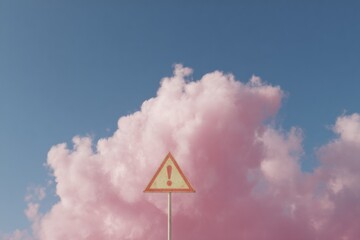 Poster - Modern Weather Alert Sign with Exclamation Mark Against Dramatic Pink Cloudscape for Public Safety and Emergency Preparedness Communication