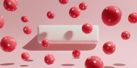 Poster - Wall-mounted air conditioning unit with floating virus particles in airflow representing indoor air purification and contamination control for health-conscious marketing